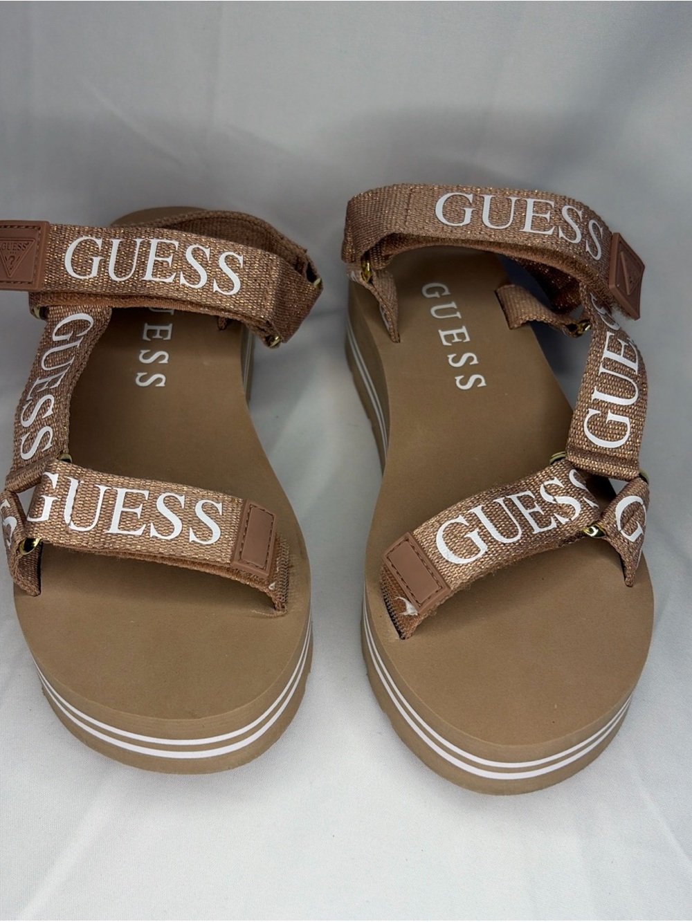 GUESS Tan/Brown Branded Strap Platform Sandals